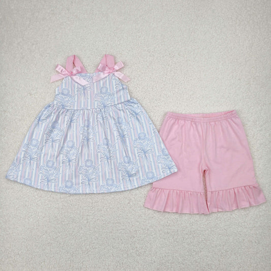 striped flower print strap shorts set