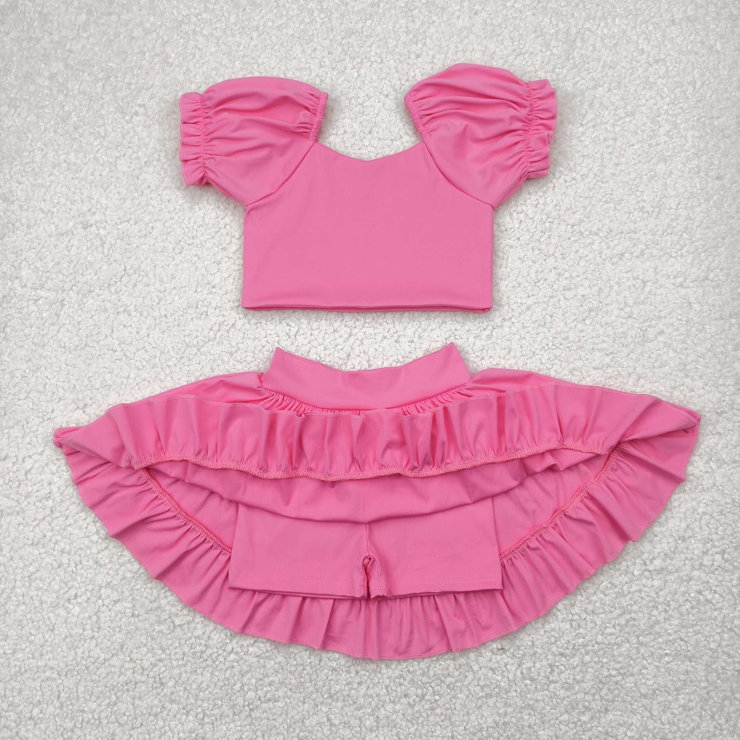 solid pink two pieces ruffle athletic skort dress yoga set
