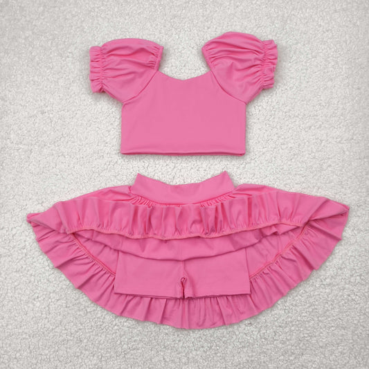 solid pink two pieces ruffle athletic skort dress yoga set