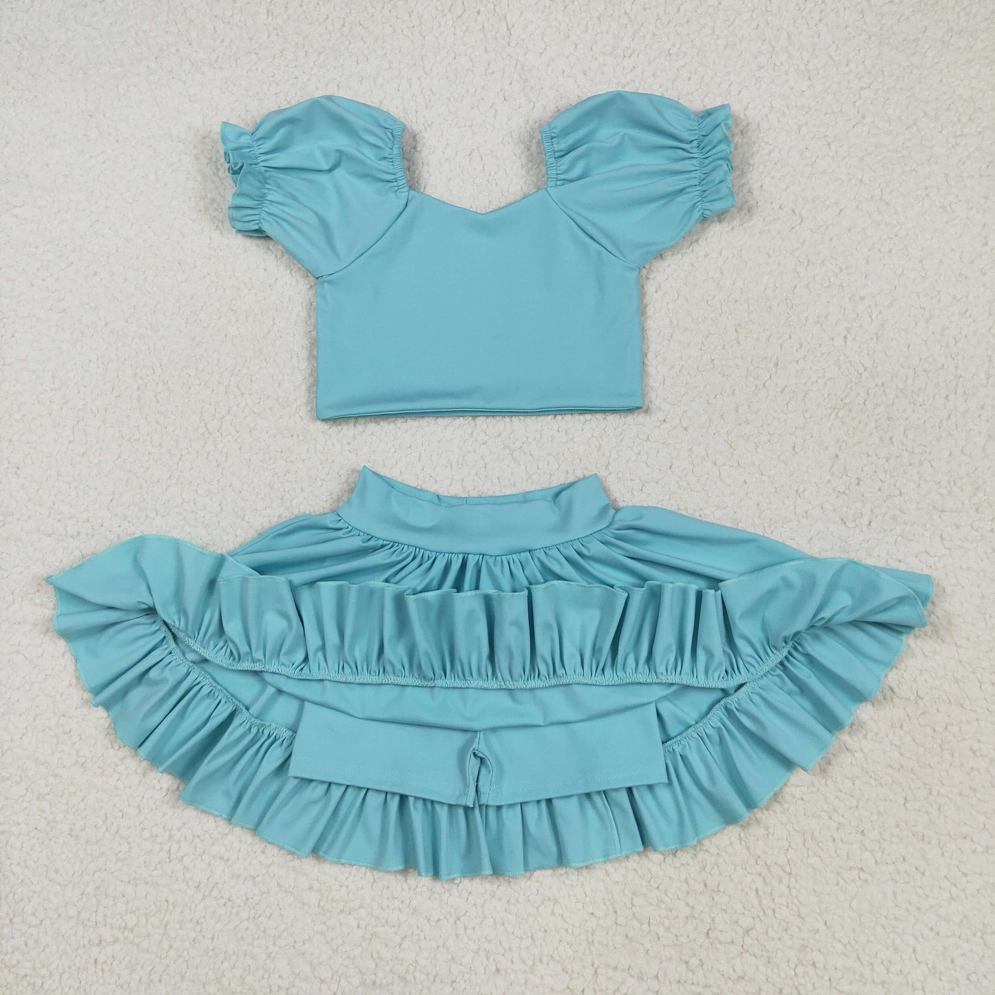 solid blue two pieces ruffle athletic skort dress yoga set