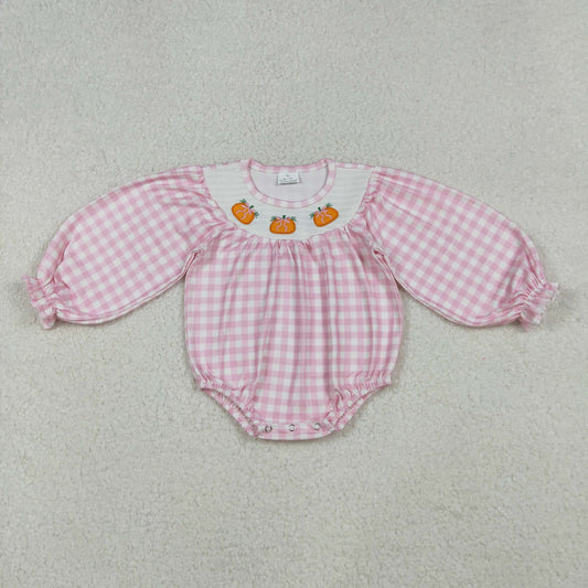 pink plaid pumpkin embroidery smock bubble