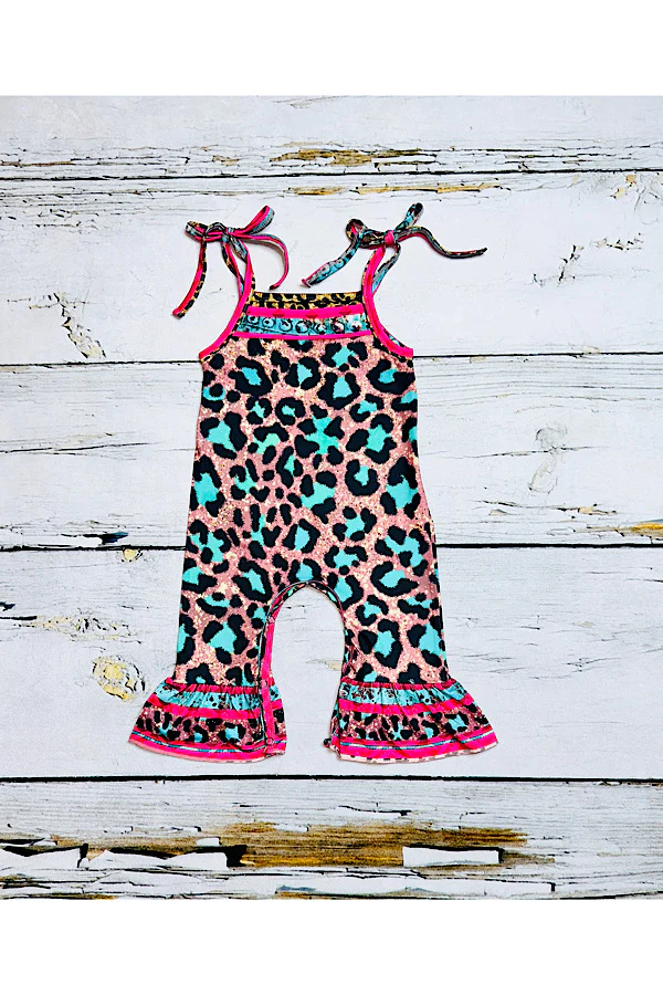 Turquoise & pink cheetah spaghetti straps baby ruffle romper