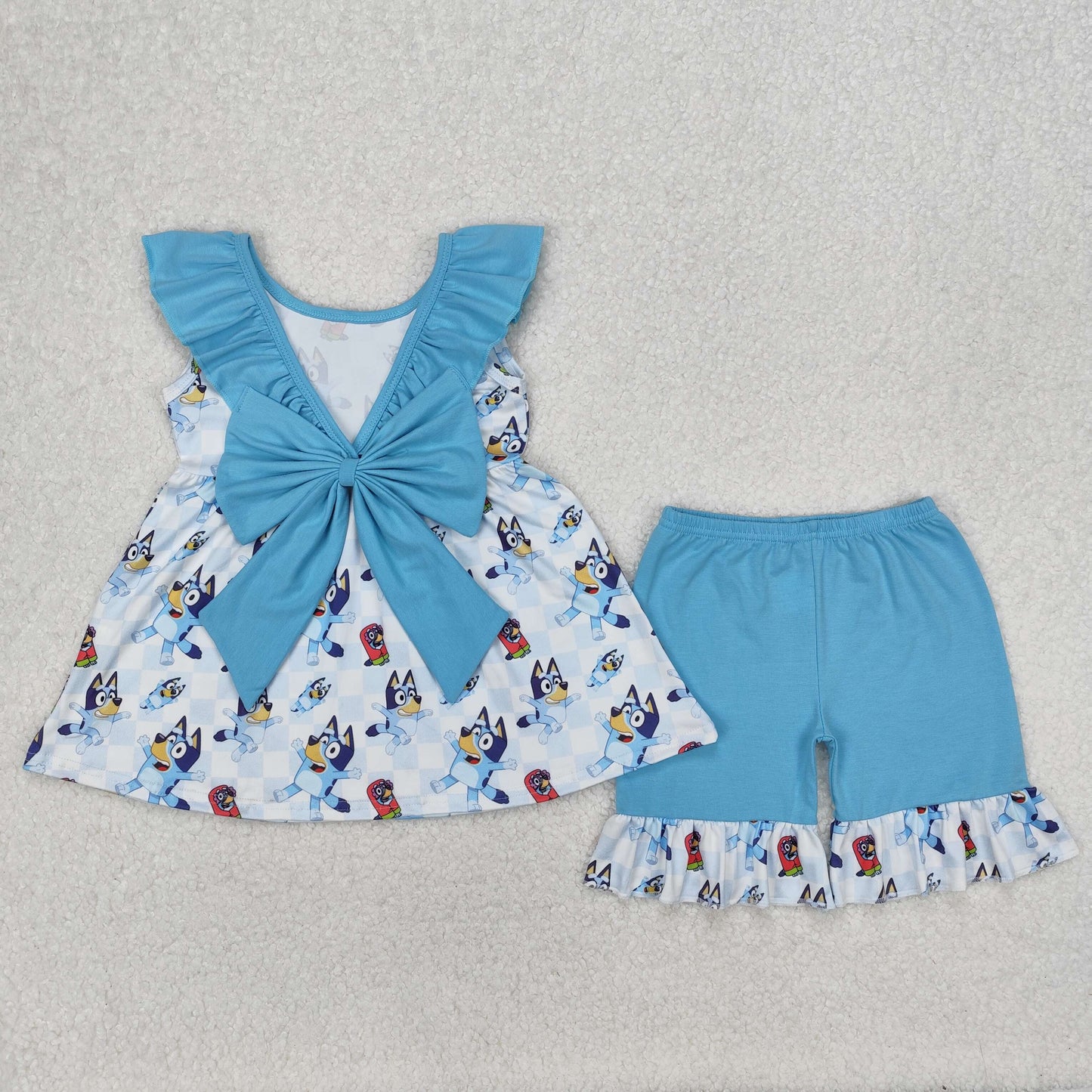 blue dog blu*y back bow ruffle shorts set girls clothing