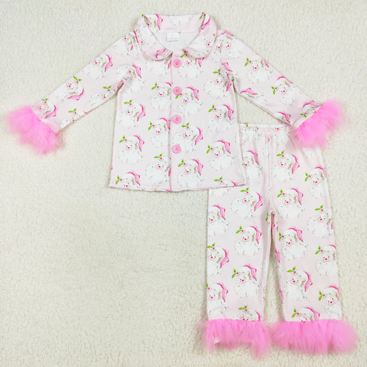 pink santa print fur button down pajama set