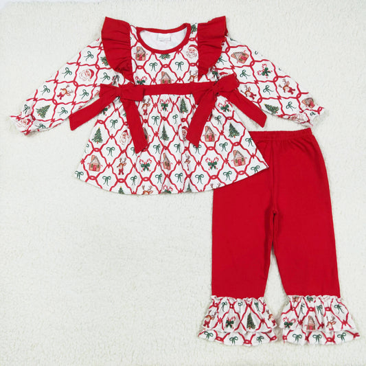 christmas girls deer santa tree print red ruffle pants set