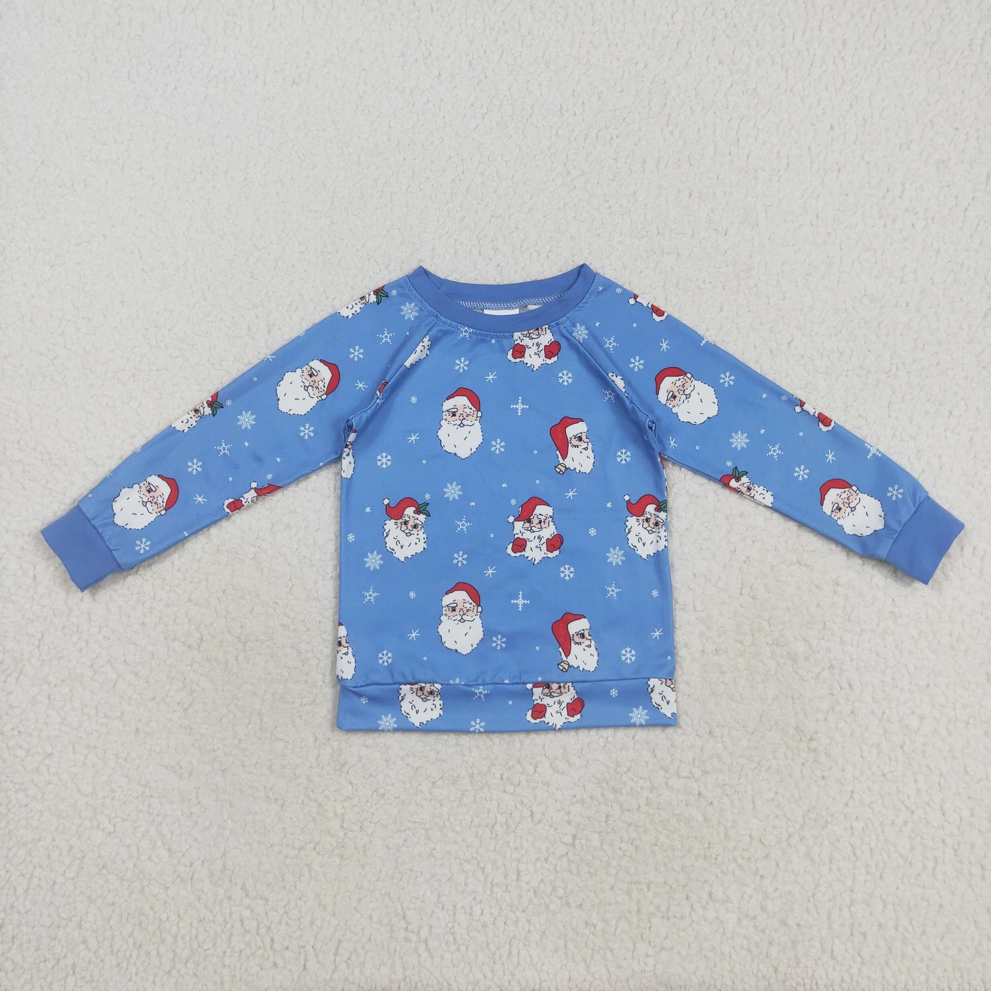 santa print on blue girls pullover top