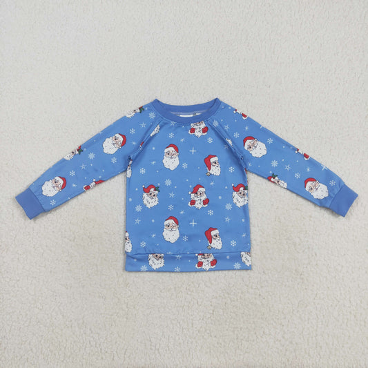 santa print on blue girls pullover top