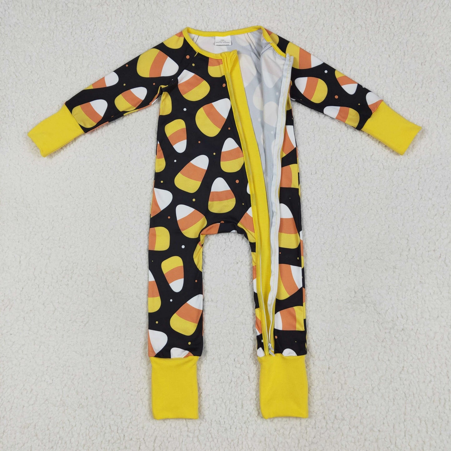 Halloween candy corn print zip sleeper