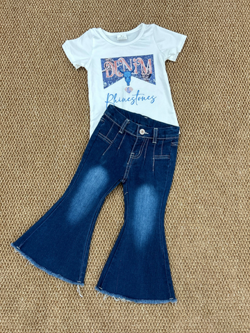 Western Shirt Blue Denim Bell Jeans Girls Clothes Set