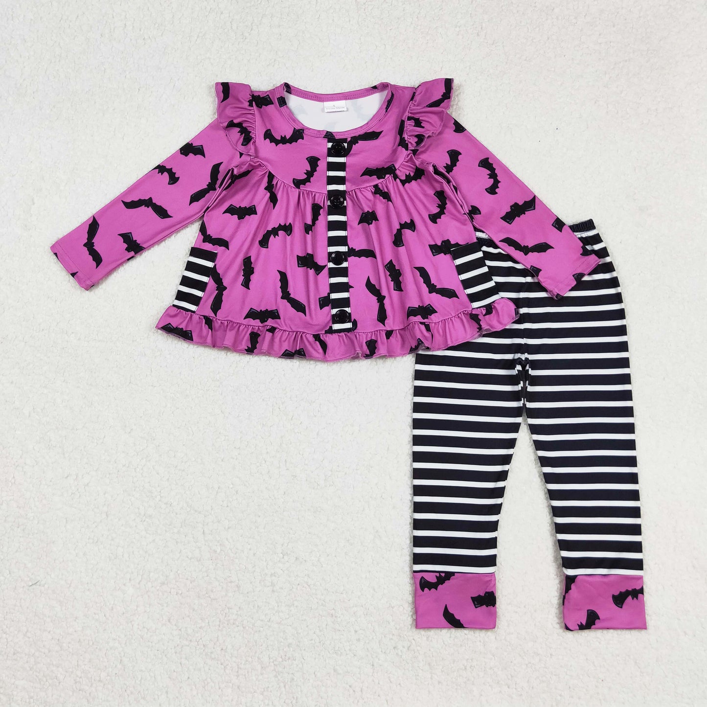 purple bat print button pocket tunic stripes legging outfit Halloween girls clothes set