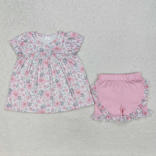 pink flower print tunic ruffle shorts set