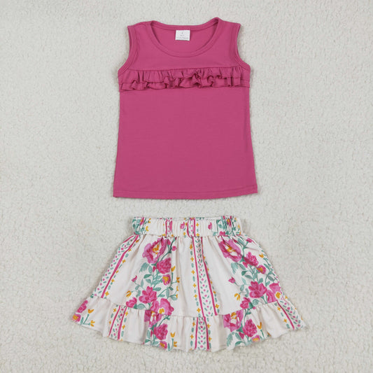 pink top floral skirt outfit girl summer clothes