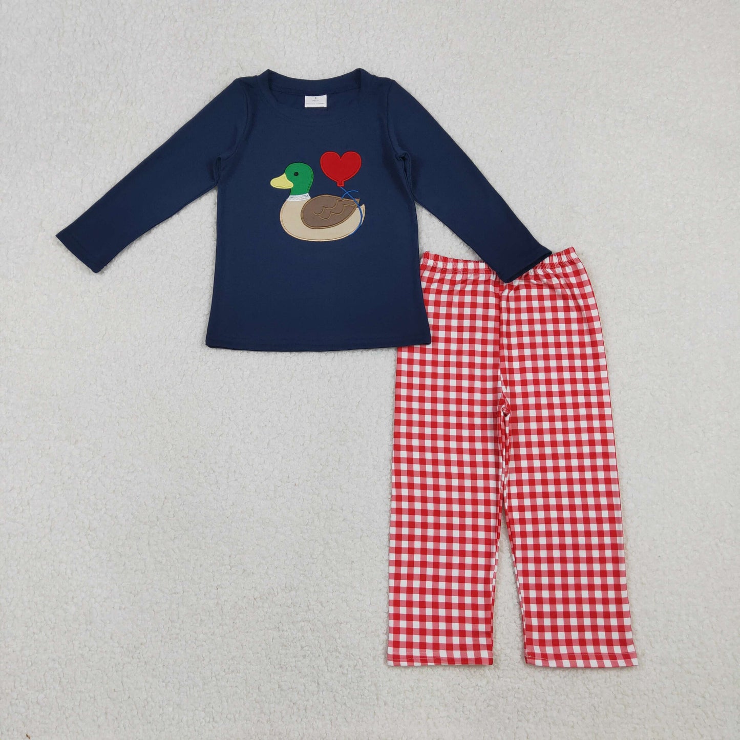 duck heart embroidery plaid pants set valentine's day boys outfit