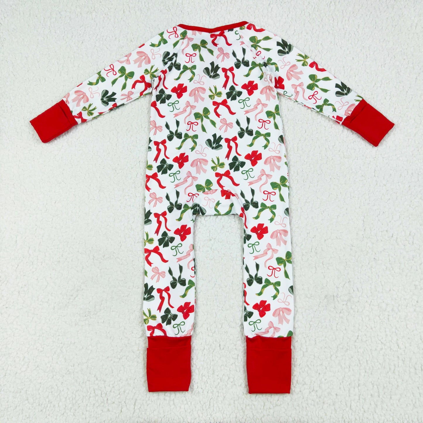 red green bow coquette baby Christmas zip sleeper