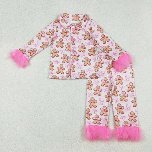 Christmas pink gingerbread fur button down pajama set