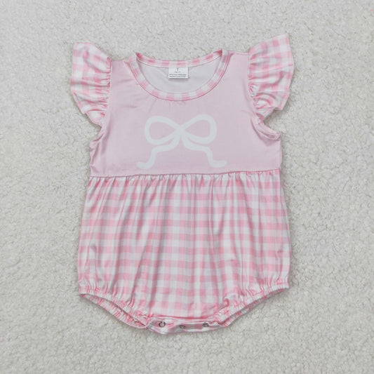 flutter sleeve white bows print pink plaid bubbles