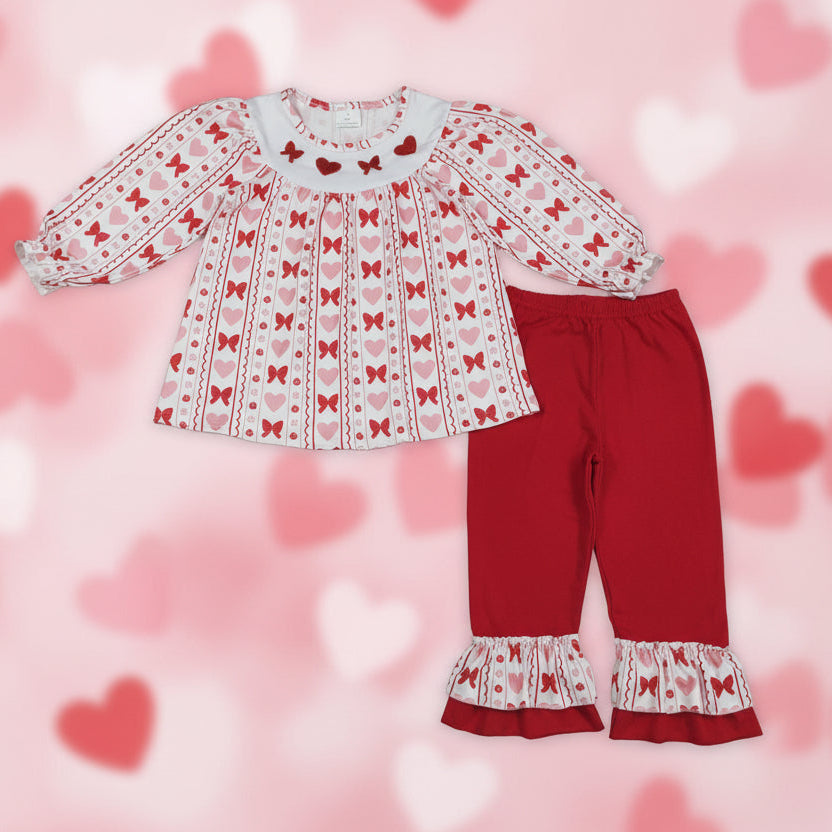 red bow and heart embroidery pants set valentine's day girl outfit