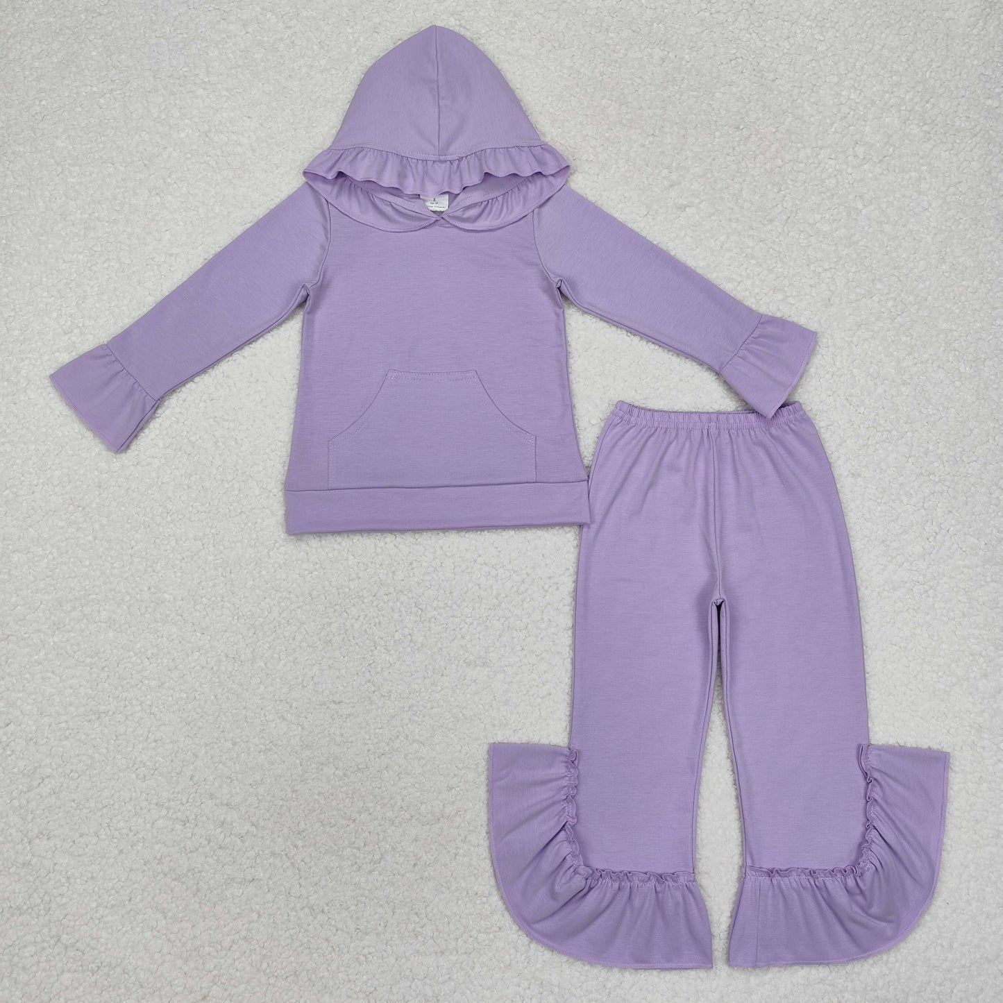 solid purple cotton ruffle hoodie pants outfit girl’s clothing