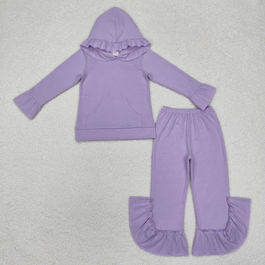 solid purple cotton ruffle hoodie pants outfit girl’s clothing