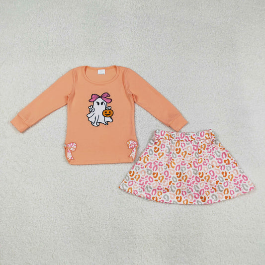 orange ghost embroidery pullover shirt leopard skort set outfit