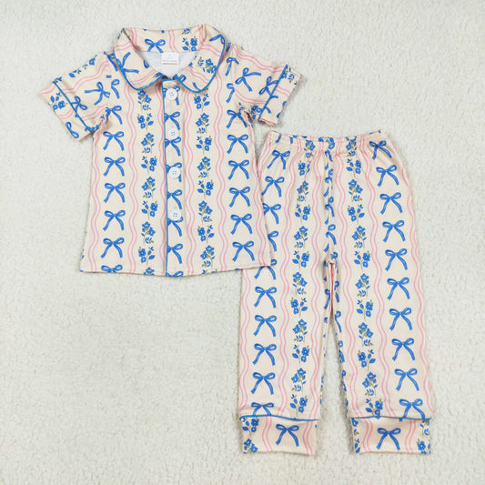 blue bow coquette button down shorts pajama set
