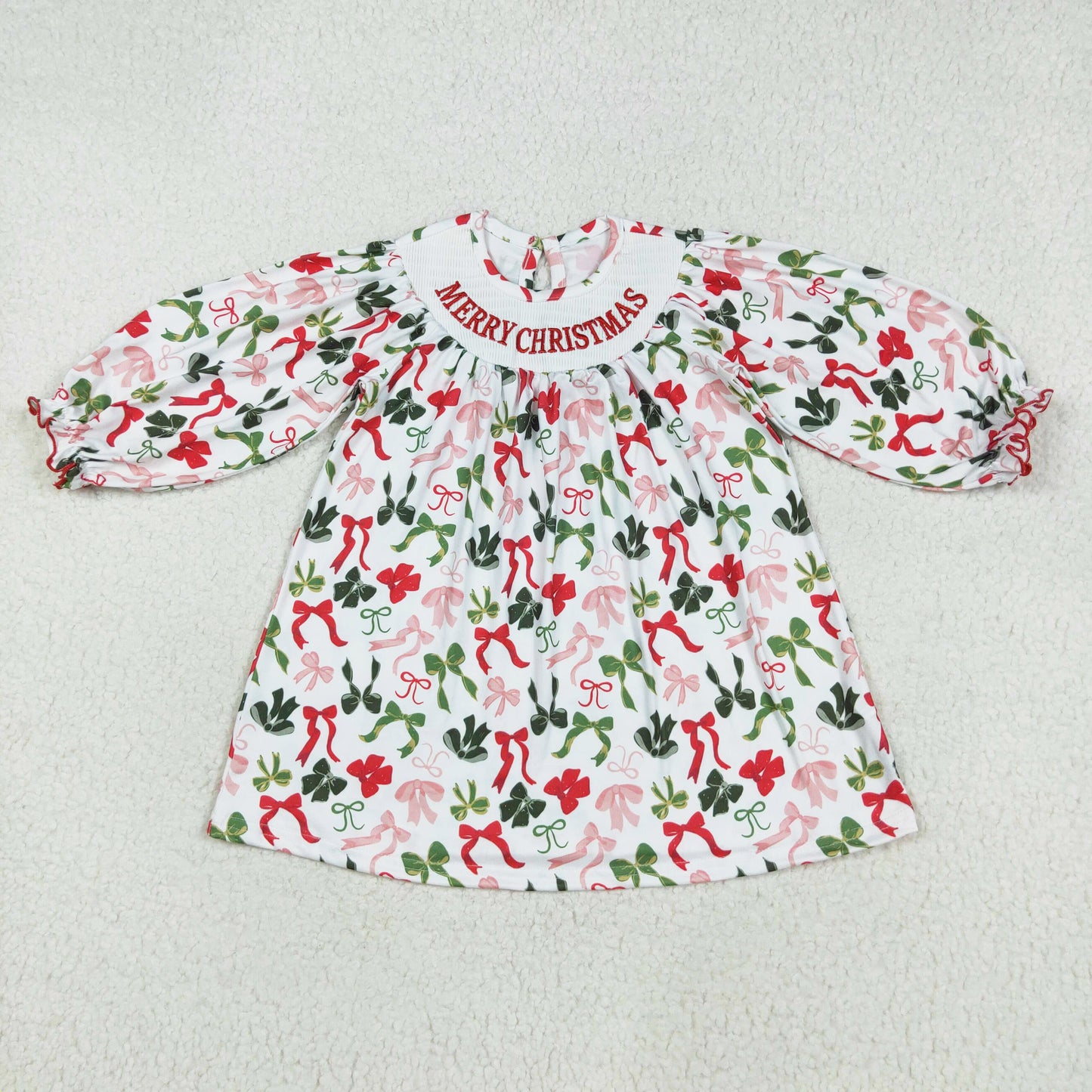 merry christmas red green bow embroidery smock dress