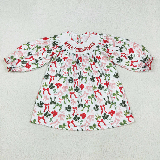 merry christmas red green bow embroidery smock dress