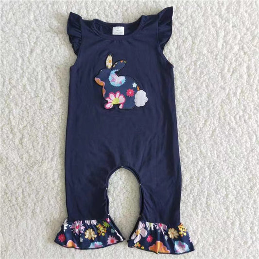 Navy blue rabbit embroidery girls romper
