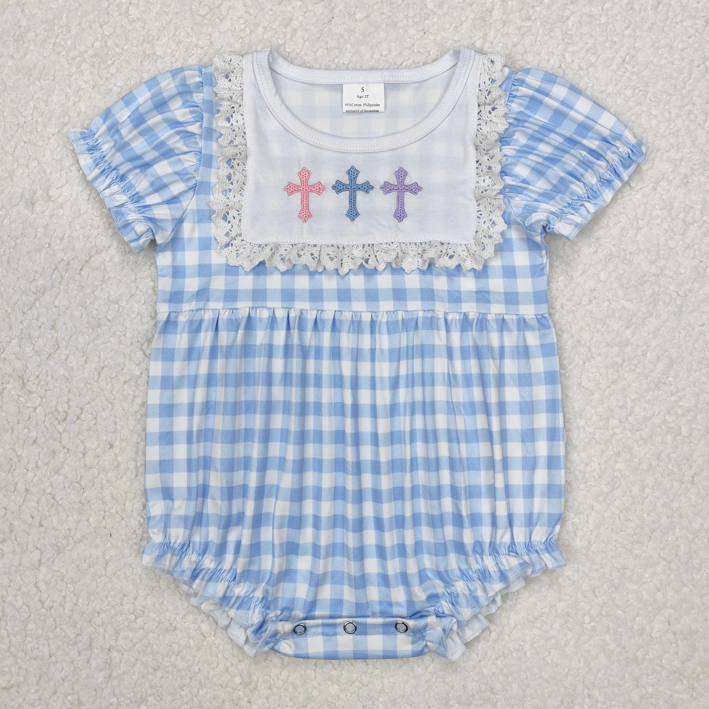 blue plaid easter cross embroidered girl bubble
