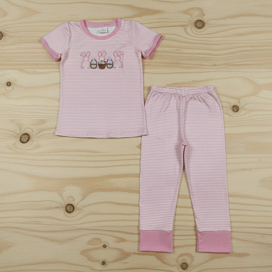 pink stripes bunny embroidery pajama set