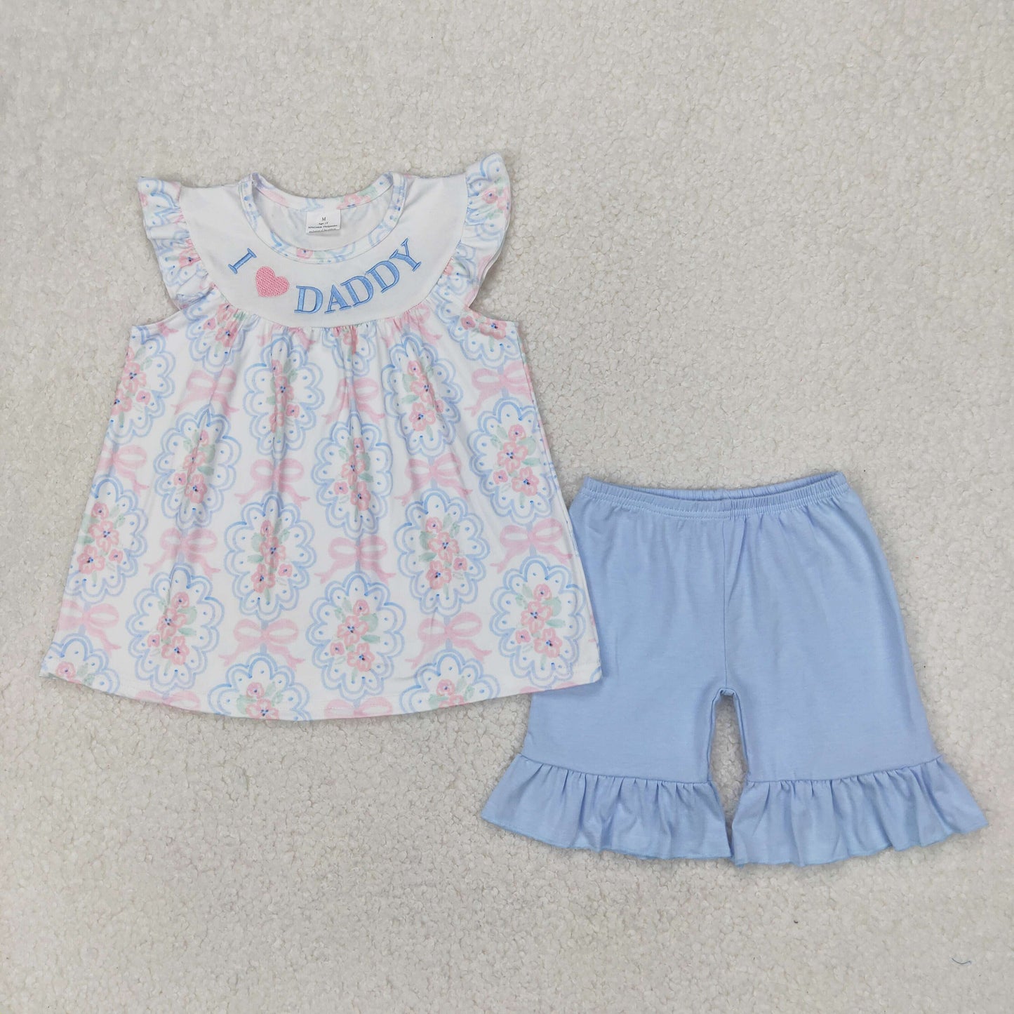 i love daddy embroidered floral ruffle shorts set