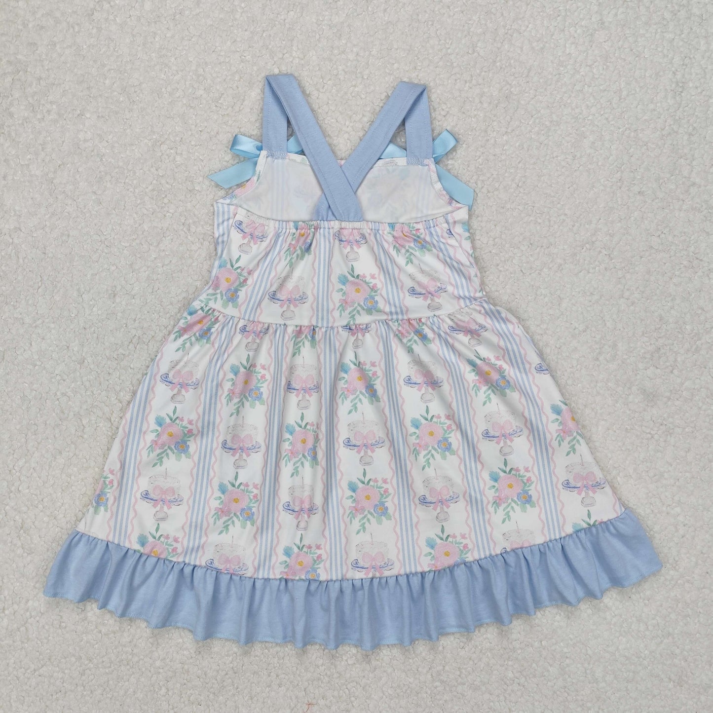 flower bow cake print strap dress kids dresses