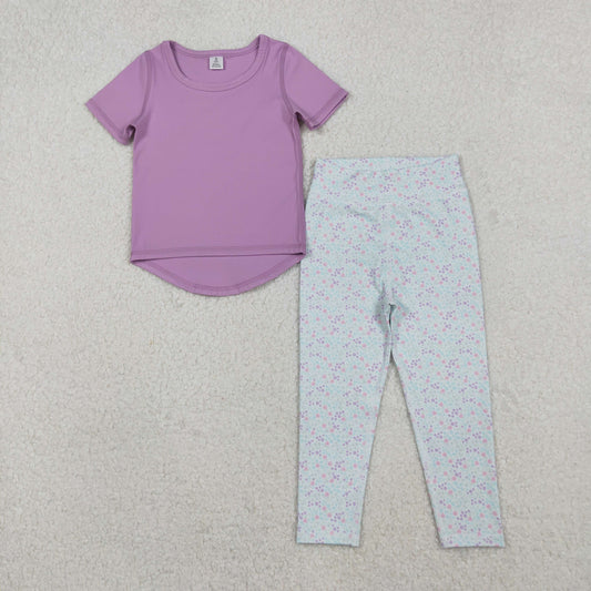 short sleeve purple floral athletic legging set