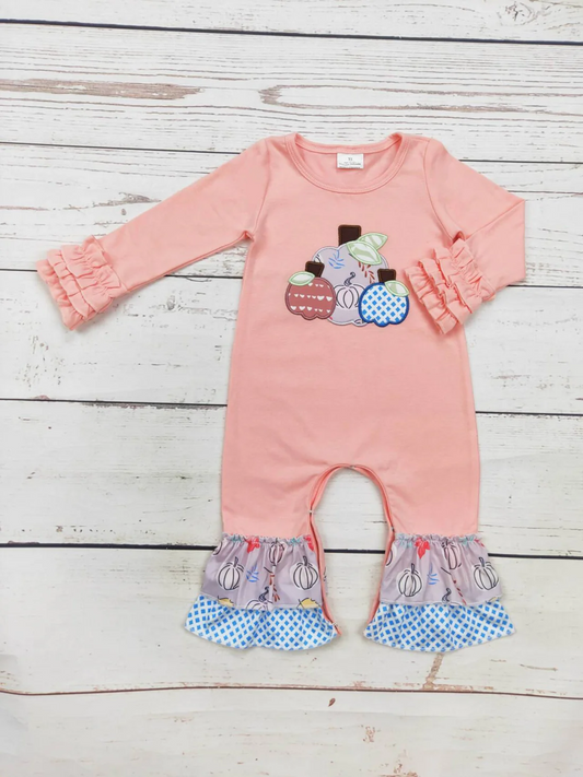 baby girl pink 3 pumpkin embroidery ruffle romper