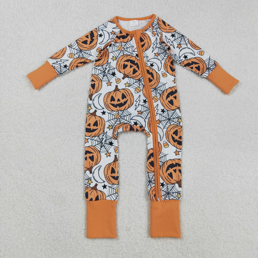 orange Halloween pumpkin spiderwebs zip sleeper