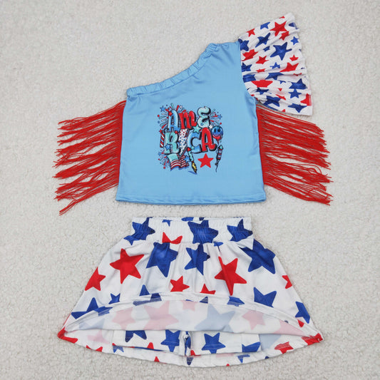 4th of july star print fringe top skort set