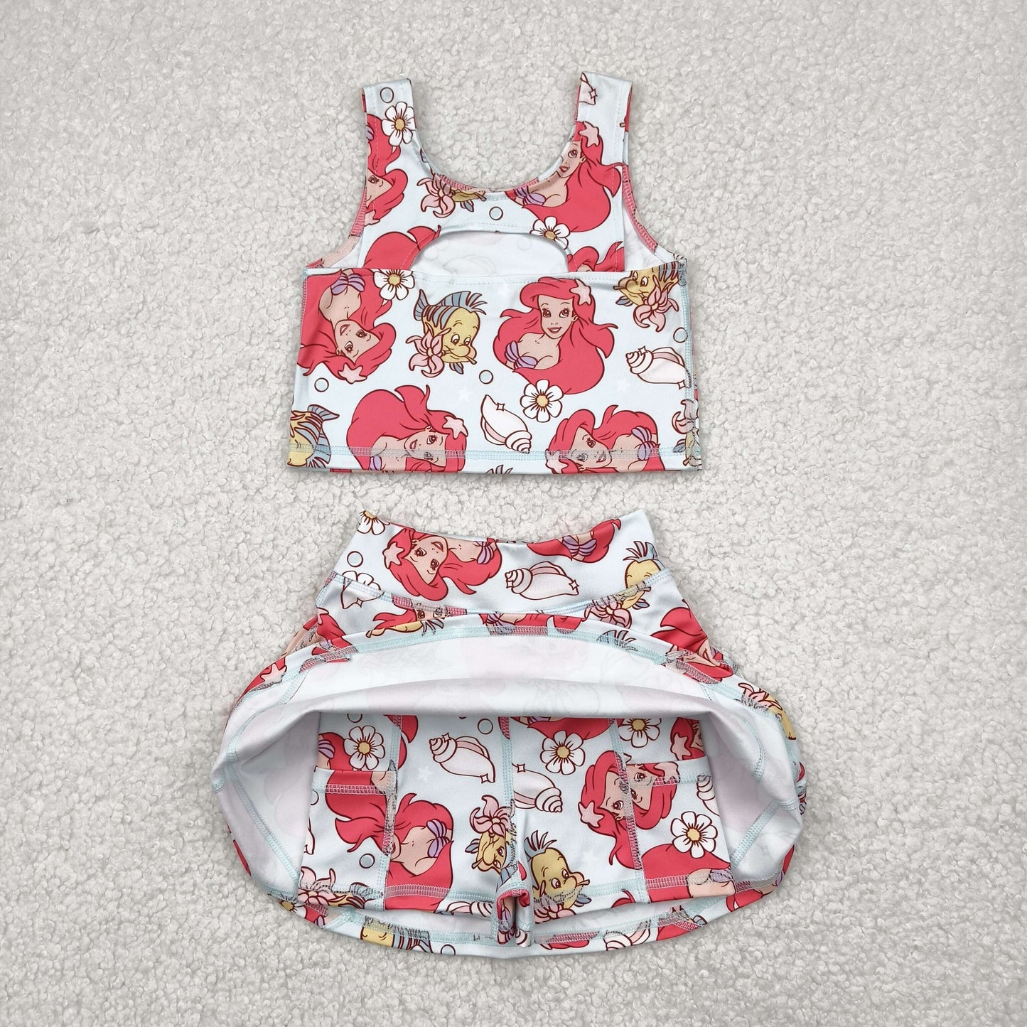cartoon mermaid princess two pieces athletic skort dress set