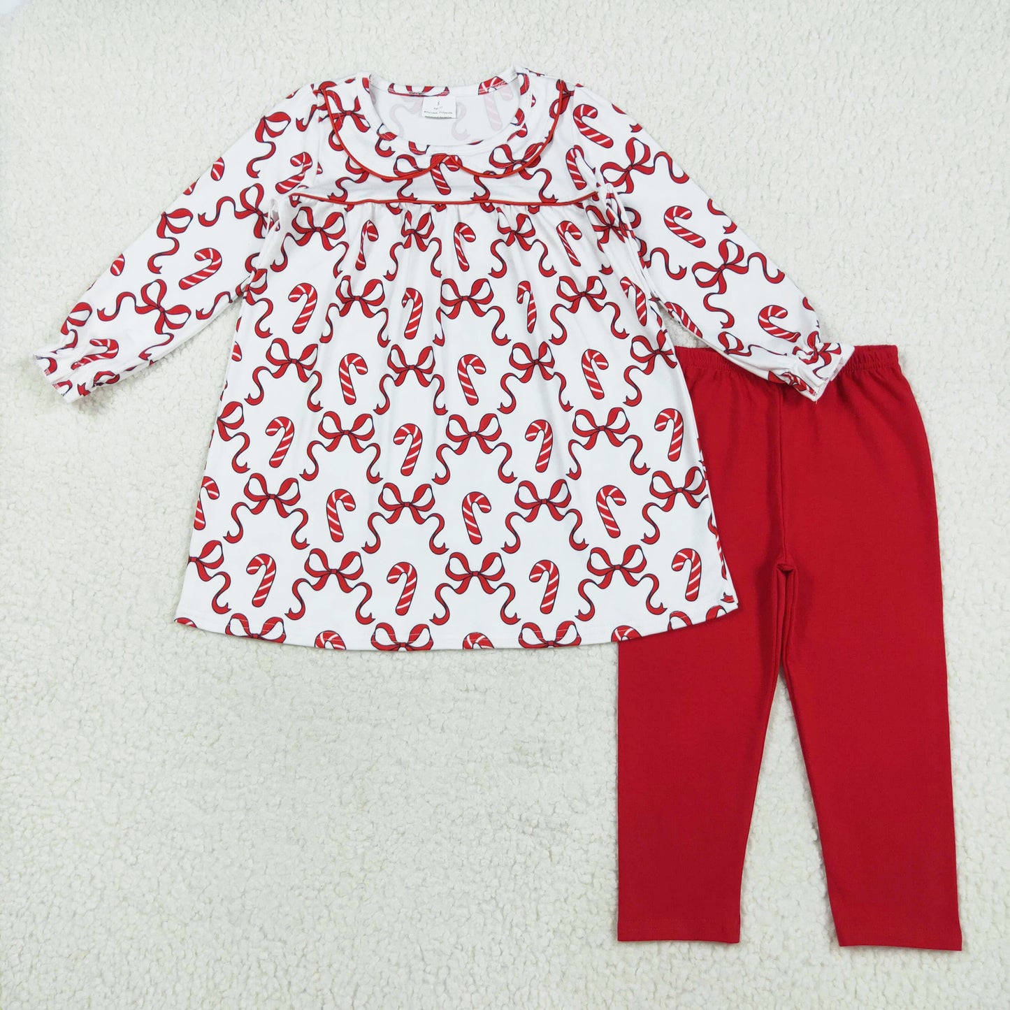 Candy Cane Bows Tunic Top Red Legging Girls Christmas Clothes Set