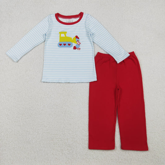 excavator heart embroidery red pants set valentine's day boys outfit