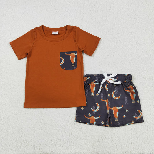 western cow skull pocket t-shirt baby boy shorts set