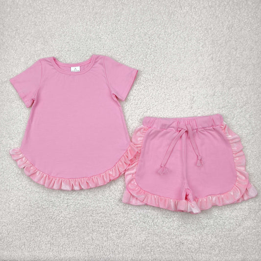 velvet cotton pink ruffle shorts set