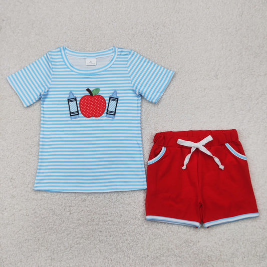 blue red pen apple embroidery back to school boy set