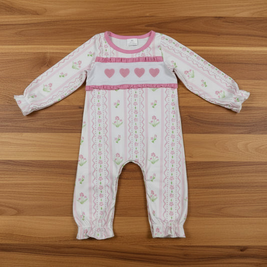 floral pink heart embroidered valentine girl romper