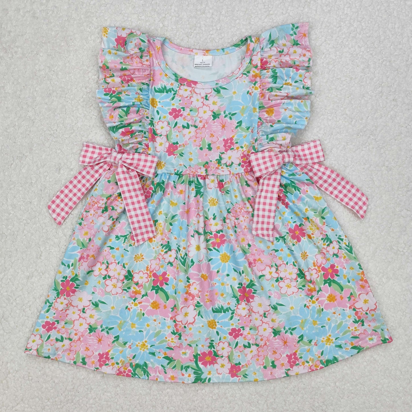 pink blue flower print bow dress kids dresses