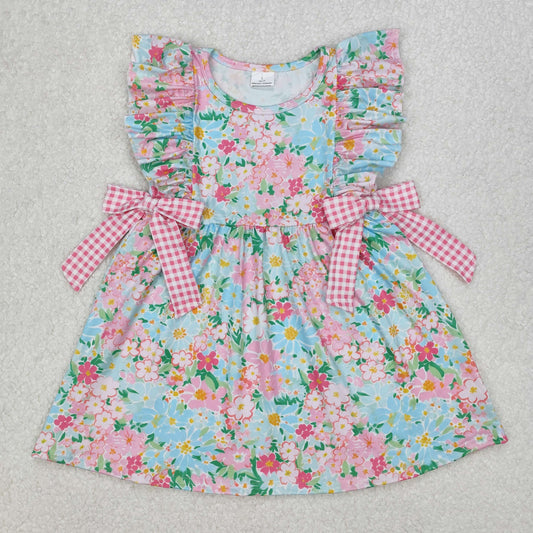 pink blue flower print bow dress kids dresses