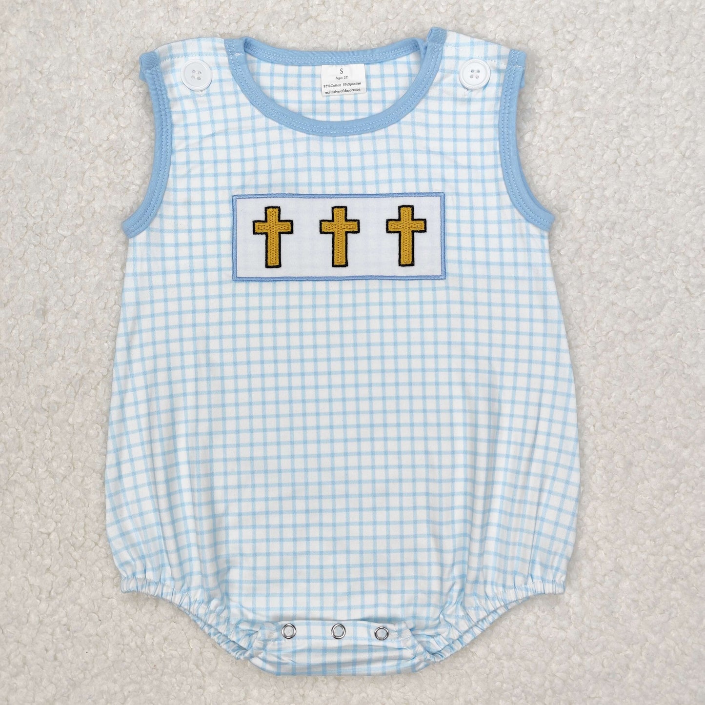 blue plaid easter cross embroidered boy bubble