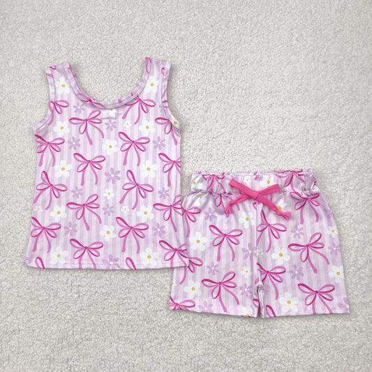 sleeveless pink bow floral shorts set