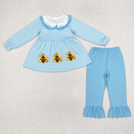 blue turkey embroidered legging set girl thanksgiving day clothes