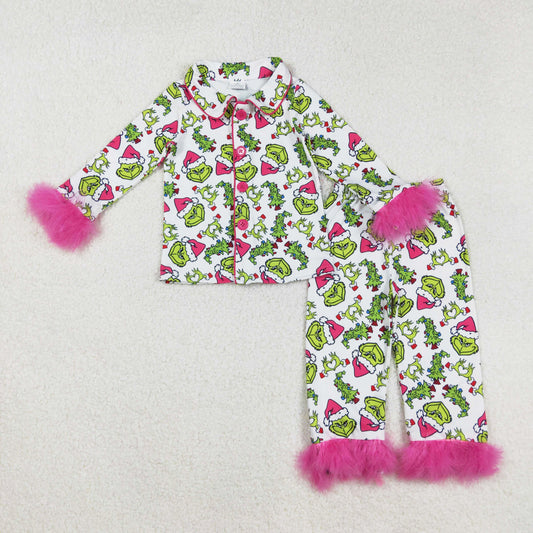 Christmas tree gri*ch fur button down pajama set