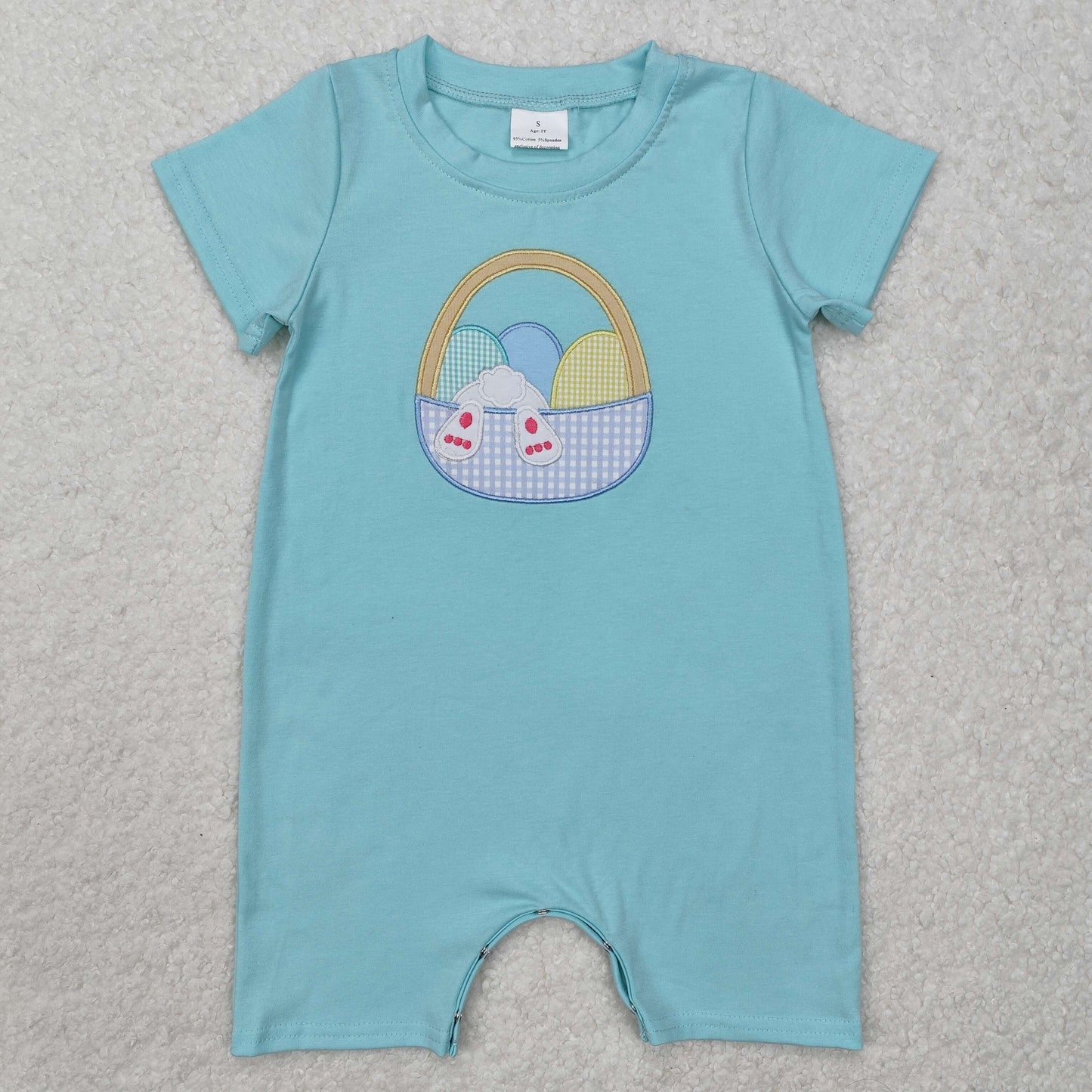 blue embroidery easter egg basket romper boy